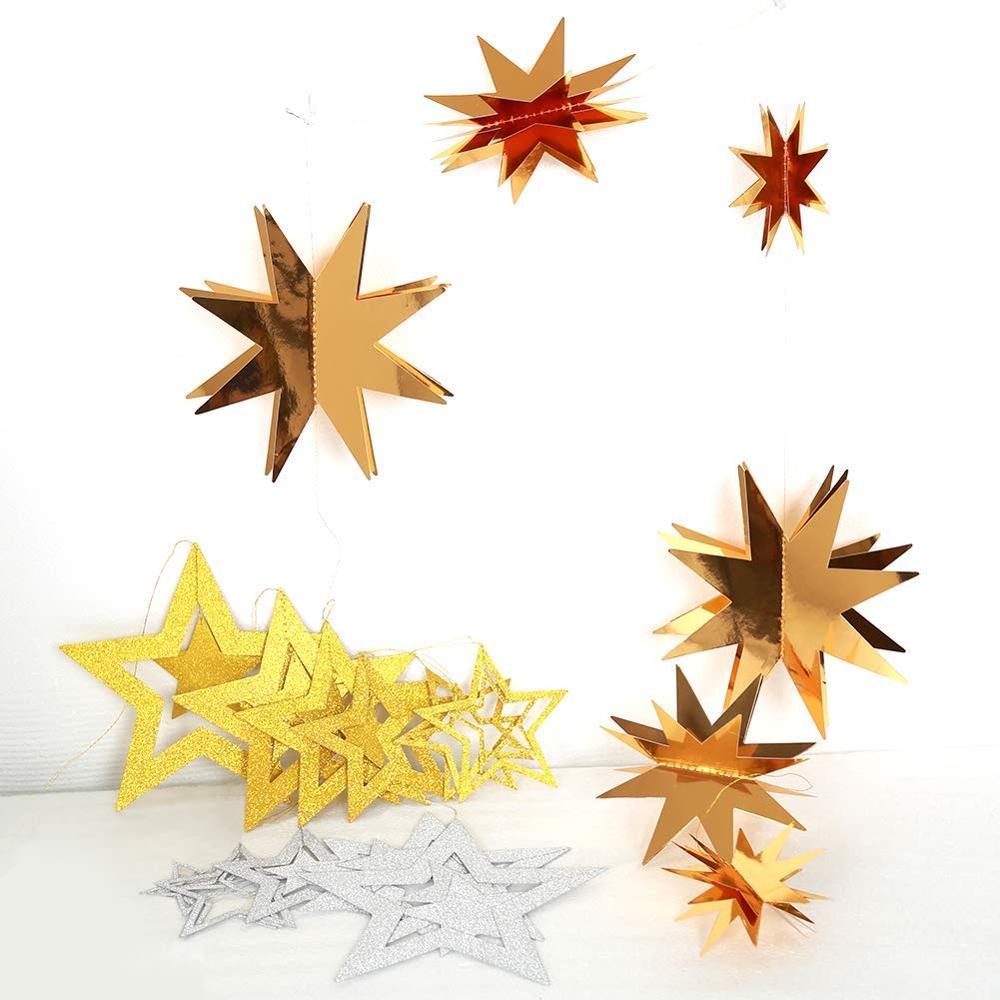 Frozen Birthday Party Glitter Silver Hollow Star Garlands Metallic 3D Star Hanging Paper Garlands Baby Shower Party Supplies