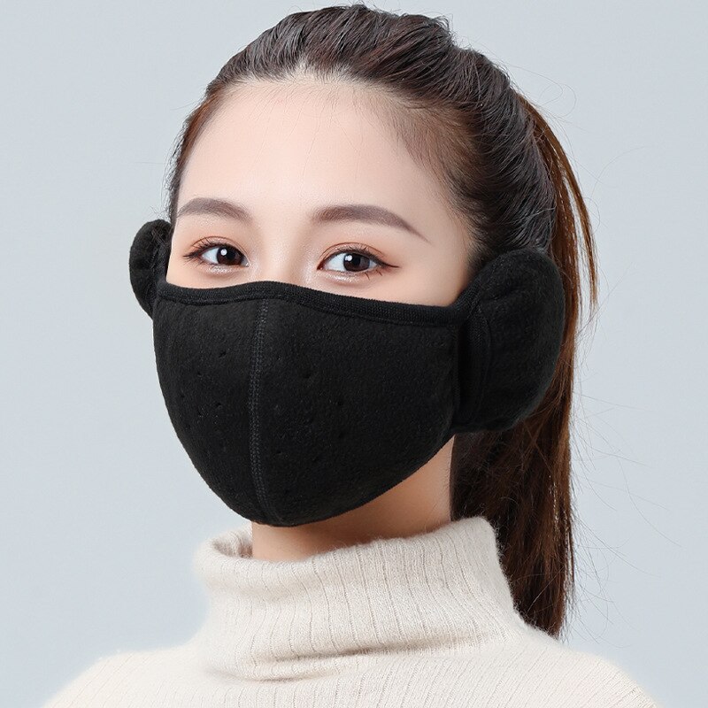 Winter Unisex Breathable Holes Mask Cold-Proof Thermal Mask Earmuffs Two-In-One Wrap Band Ear Warmer Outdoor Riding Ear Muff: Black