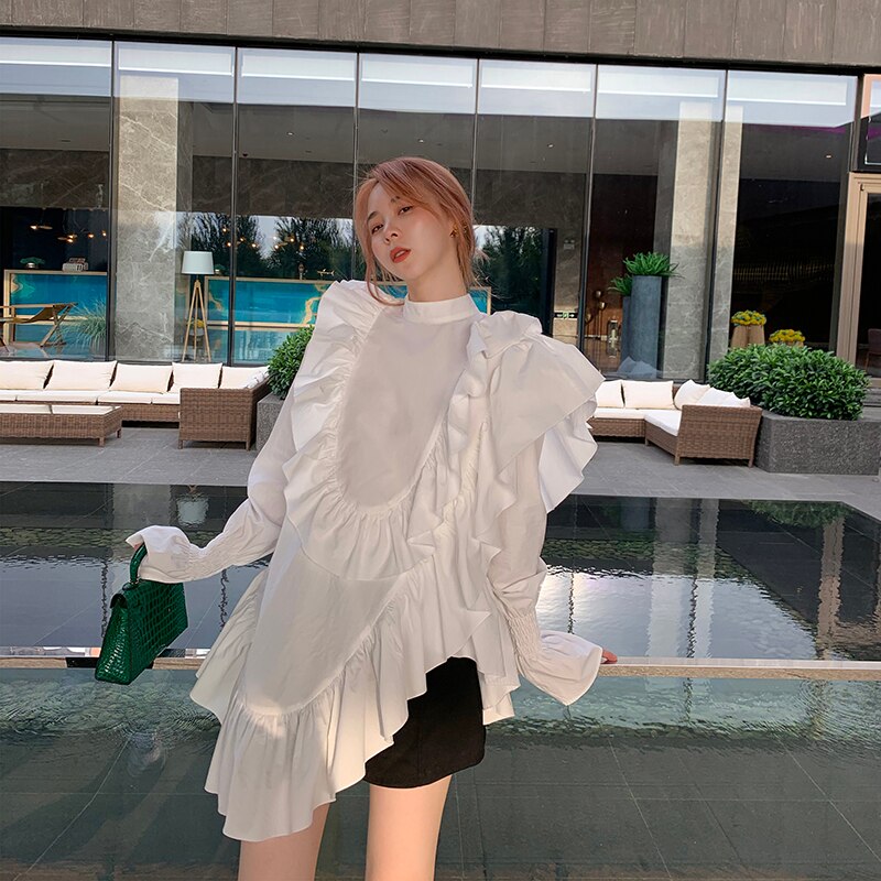 XITAO-chemisier à manches longues femme, vêtement minoritaire blanc, ample, grande taille, à manches évasées DZL1934