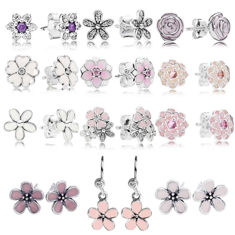 925 Argento sterlina Rosa Smalto Giardino Abbagliante Margherita Fiore di Magnolia Fiore Forget Me Not Orecchino di Modo Per Le Donne del Regalo Dei Monili