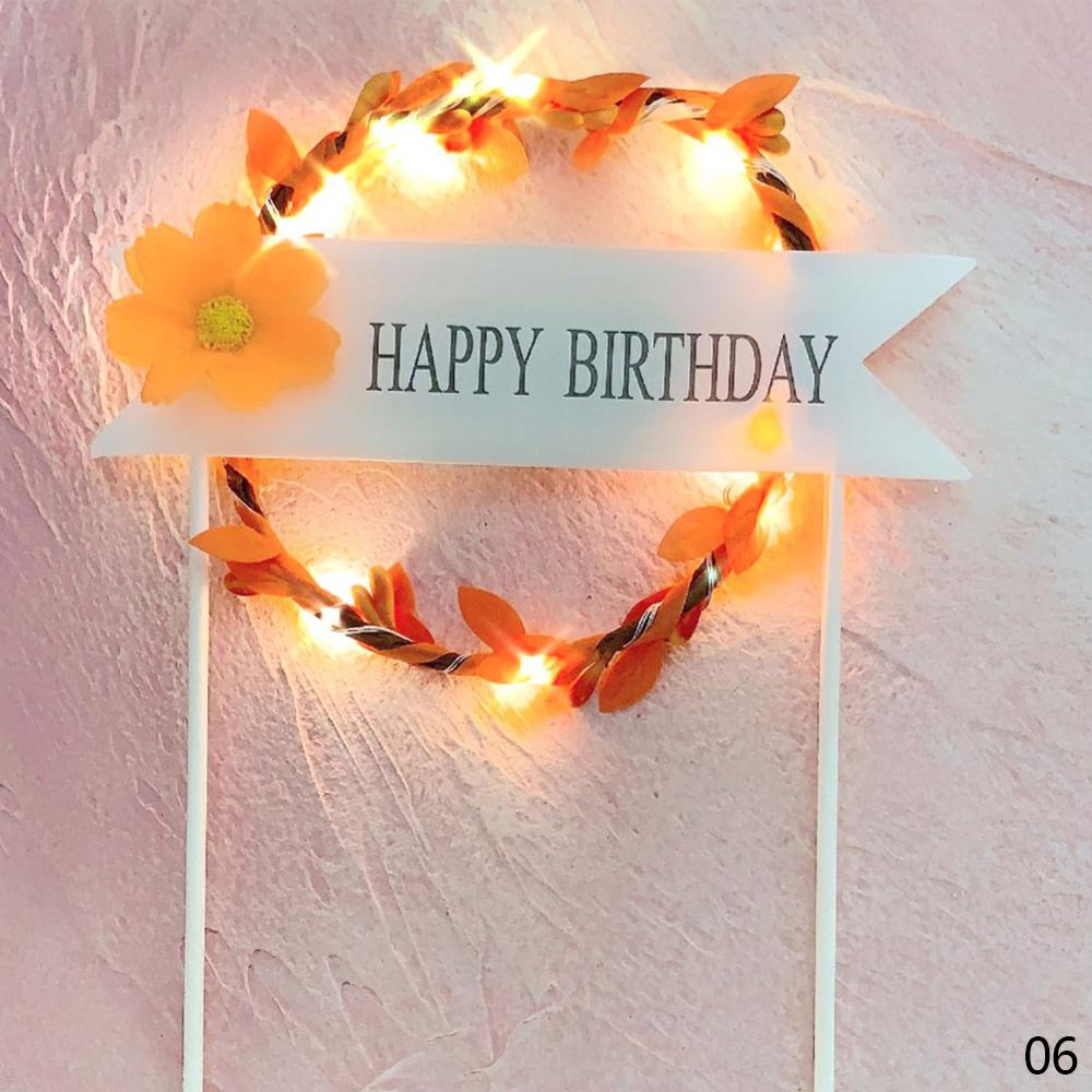 Golden Silvery Happy Birthday Cake Topper With LED Light Garland Letters Resuable Topper Cupcake Dessert Decor Party Supplies: Orange