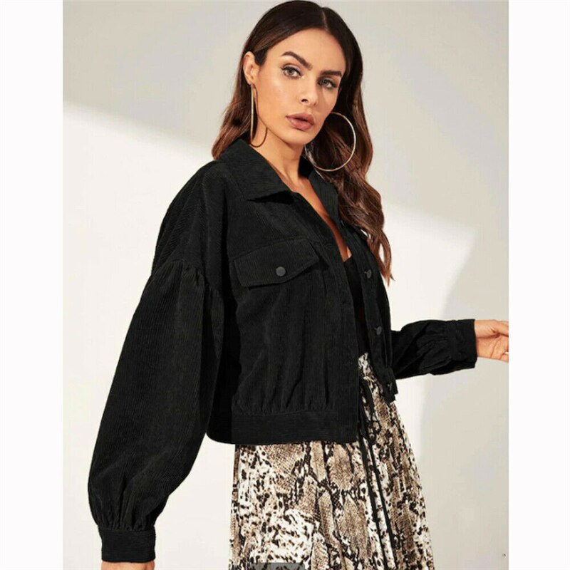 Lange Mouwen Vrouwen Corduroy Korte Jas Knop Pocket Crop Jas Lange Puff Mouwen Uitloper Zakken Top: Black / M