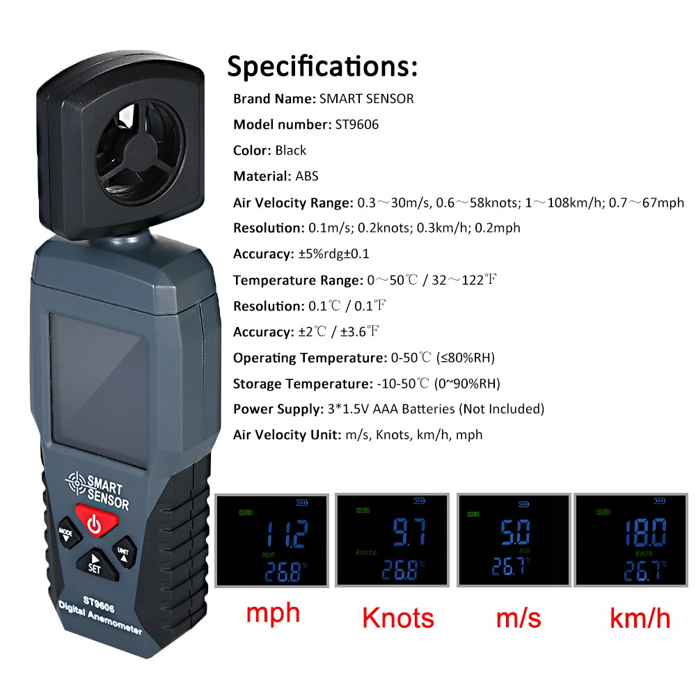 SMART SENSOR ST9606 Digital LCD Anemometer Thermometer Portable Wind Speed Measuring Meter Air Velocity Gauge with Backlight