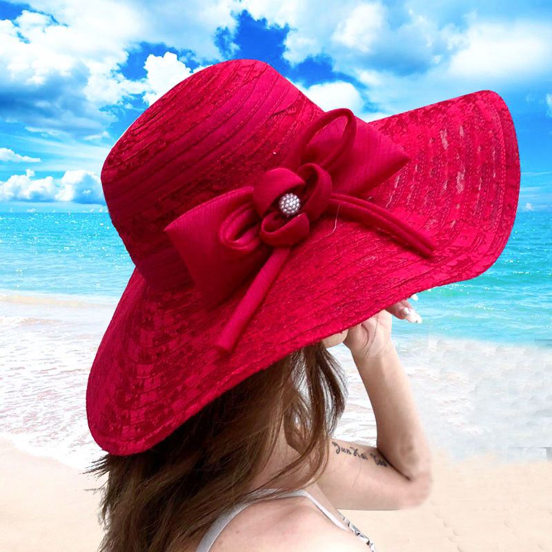 Hoeden Voor Vrouwen In De Zomer, Strandhoeden, Uitstapjes Aan Zee, Gezichtsbedekking, Bescherming Tegen De Zon, Zonnehoeden Met Grote Rand, Opvouwbare Zonnehoeden: Rood
