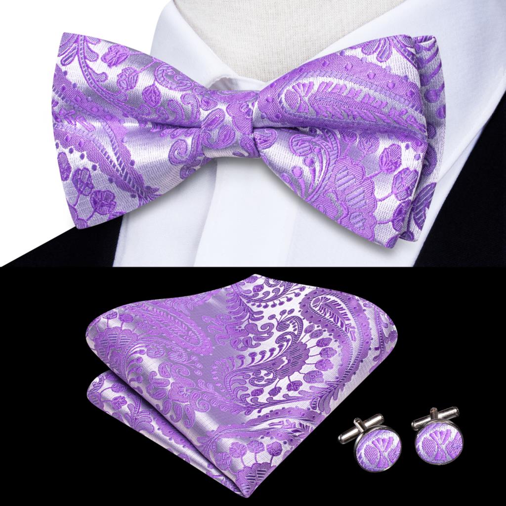 Gravata borboleta de nó masculino, Conjunto Hanky Cuffs, Pré-amarrado, Roxo, Lilás, Lavanda, Pansy, Violeta, Seda, Casamento, Negócios: Lavanda