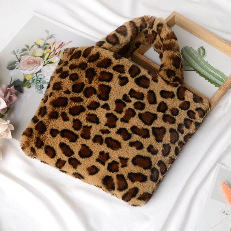 Leopardo impressão de pelúcia bolsa feminina na moda macio bolsa de ombro inverno quente correntes crossbody saco moda fofo menina bolsa de compras: brown leopard
