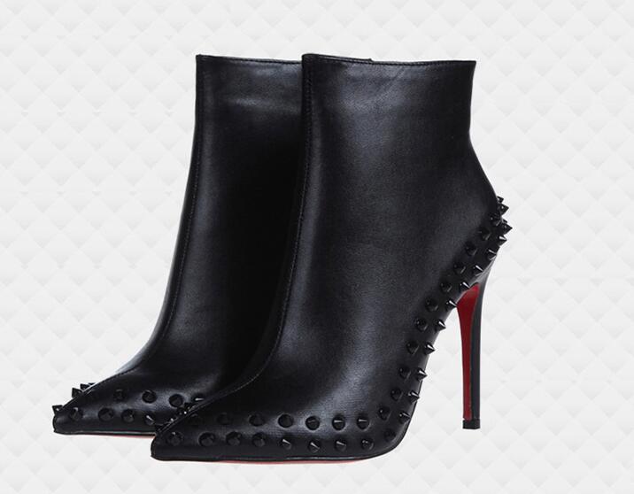 Klinknagel hoge hakken korte laarzen rode dames locomotief martin laarzen stiletto puntige neus laarzen 10cm 35-42 stofzak: Zwart mat 10cm / 41
