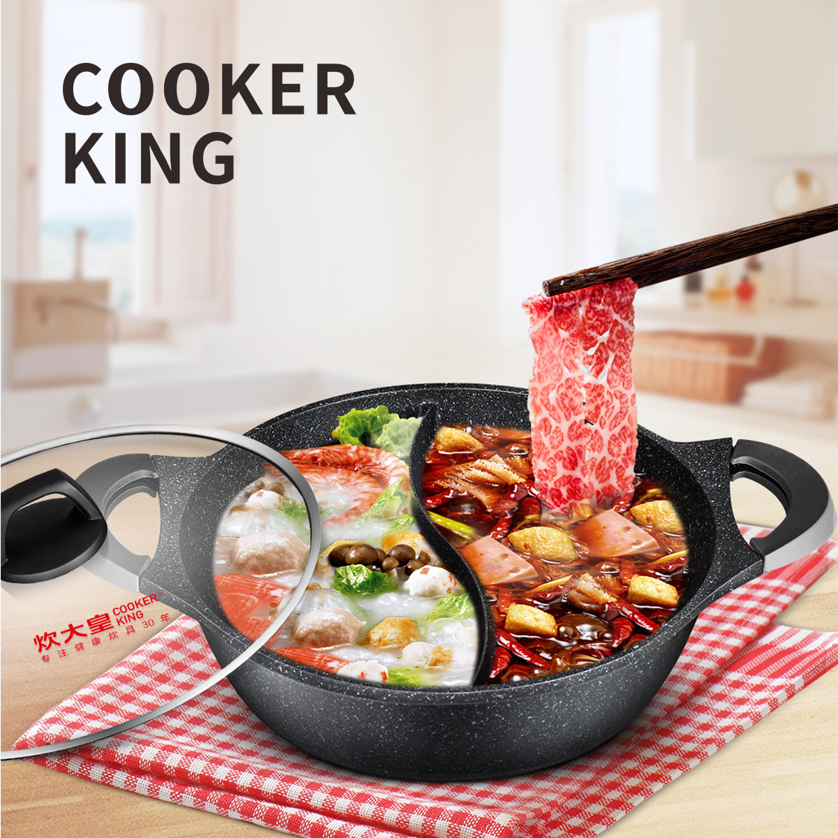 Fornuis King Anti-aanbak Hotpot Met Deksel Koken Pot Graniet Pot Siliconen Handvat Inductie 30Cm, gratis -Lepel En Lekkende Lepel