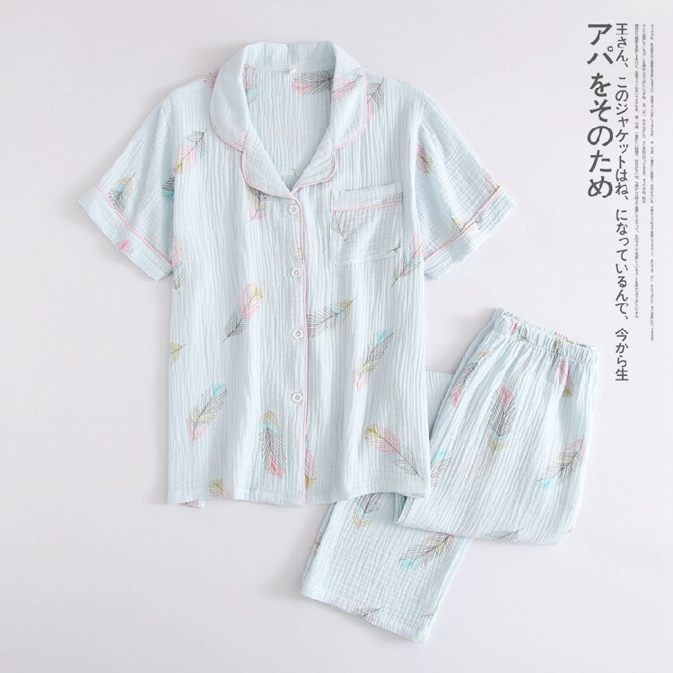 ladies summer short-sleeved shorts pajamas 100% cotton crepe home service suit simple and beautiful comfortable suit: Blue trousers suit / XL
