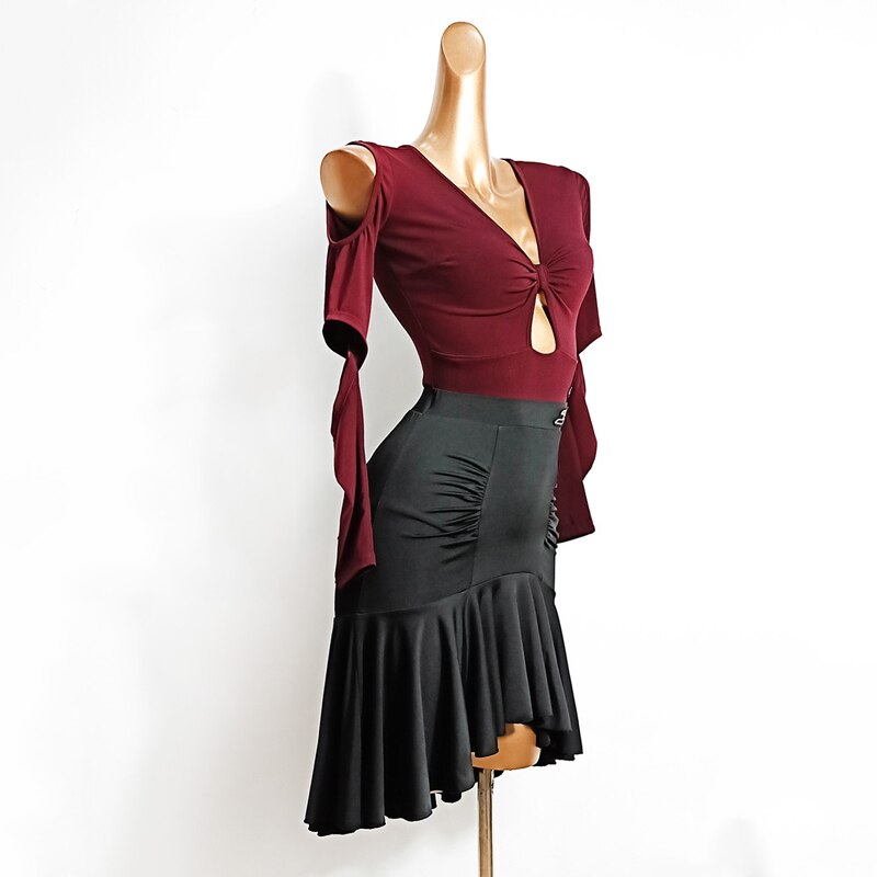Falda de baile latino para mujer, falda negra plisada Irregular, vestido de práctica de Samba Rumba Tango, Ropa de baile para actuación de adultos VDB2572,