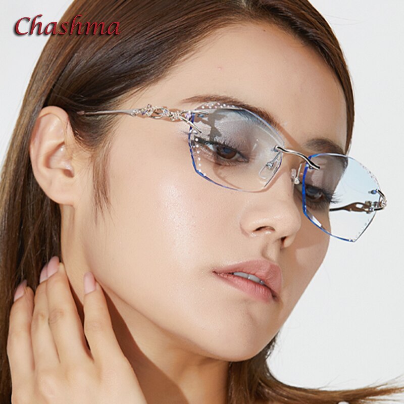 Glasses Women Eyeglasses Frames Rimless Titanium Tint Sunglasses Prescription Glass Diamonds Anti Blue Ray Anti Resistance Lens