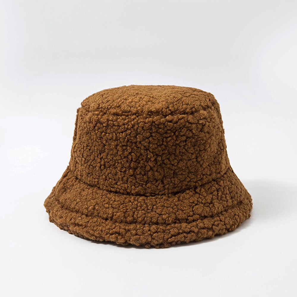 2022 Unisex Bucket Hat Graffiti Solid Women Men Fishing Fisherman Hat Autumn Winter Lamb Wool Outdoor Warm Panama Cap: Brown