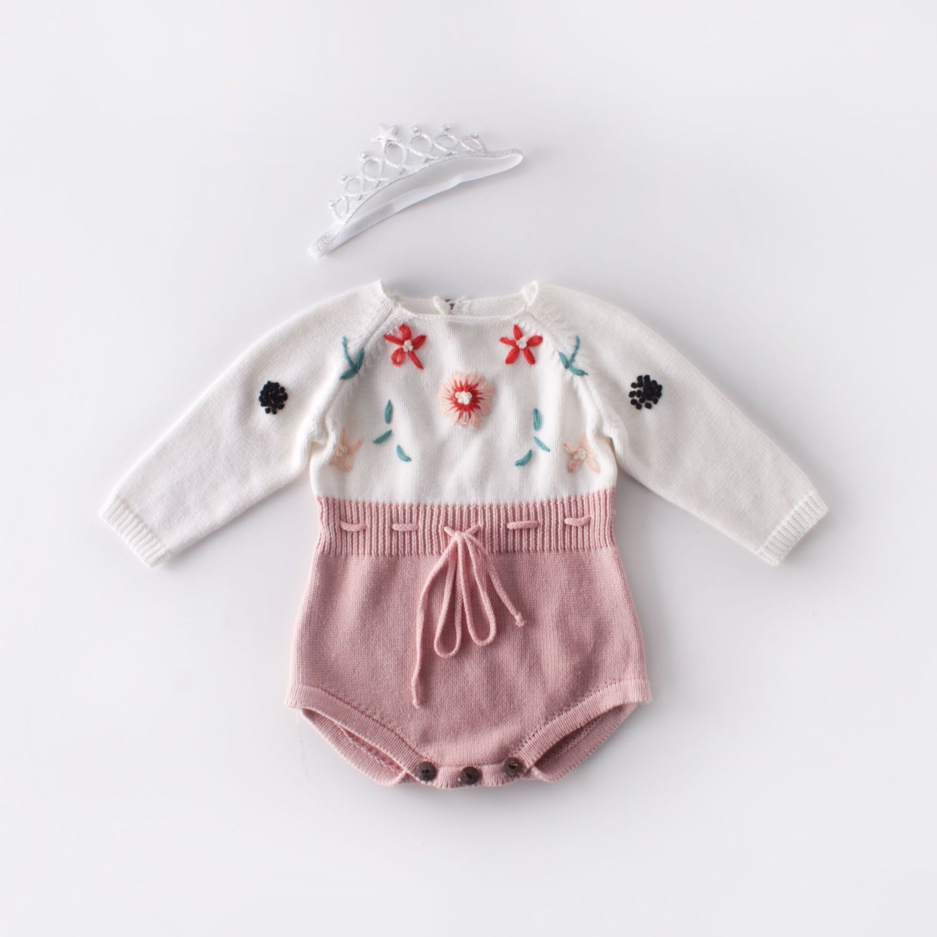 Baby Boys Girls Autumn Sweater Floral Embroidery Round Neck Long Sleeve Knit Jumpsuit Bodysuit for Baby