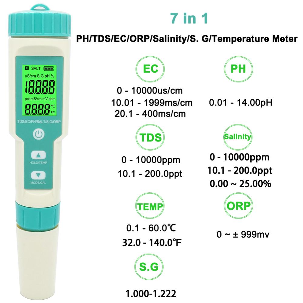 7 In 1 Ph/Tds/Ec/Orp/Zoutgehalte/S. G/Temperatuur Meter C-600 Water Monitor Tester Drinkwater, Aquaria Ph Meter