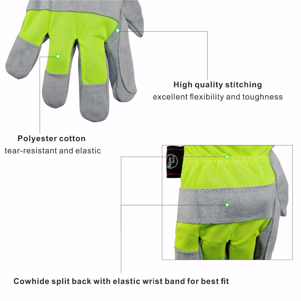 KIM YUAN 004 Leather Green Security Work Gloves, Anti-slippery & Dirt-resistant, for Gardening/Construction/Outdoor, Men&Women