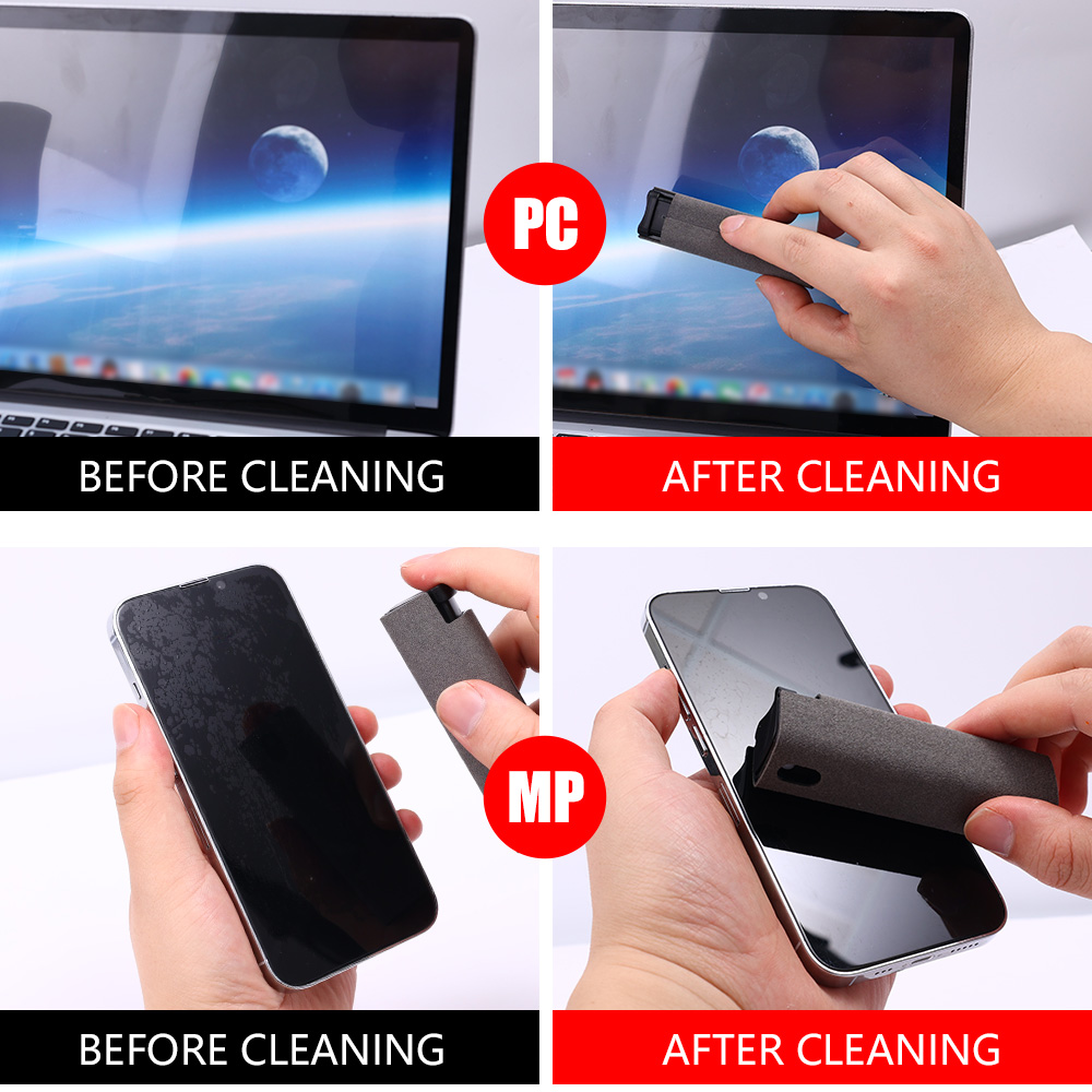 Limpiador de pantalla de teléfono 2 en 1, botella pulverizadora y paño de limpieza de microfibra, Mini tableta portátil, juego de limpiador de pulido de pantalla de PC móvil