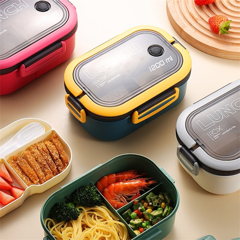Fiambrera Bento de 2 capas con cuchara y tenedor para niños, contenedores de comida de Microwae de alta capacidad, portátiles, a prueba de fugas, para oficina y Camping, 1200ML