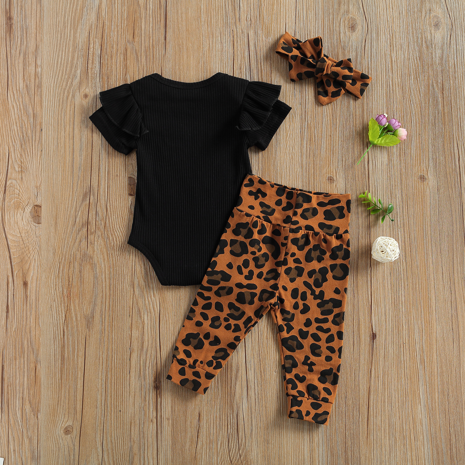 0-18M Kreeg Ik Uit Mijn Mama Baby Baby Meisje Kleding Brief Print Ruches Korte Mouw Romper + Luipaard Print Lange Broek