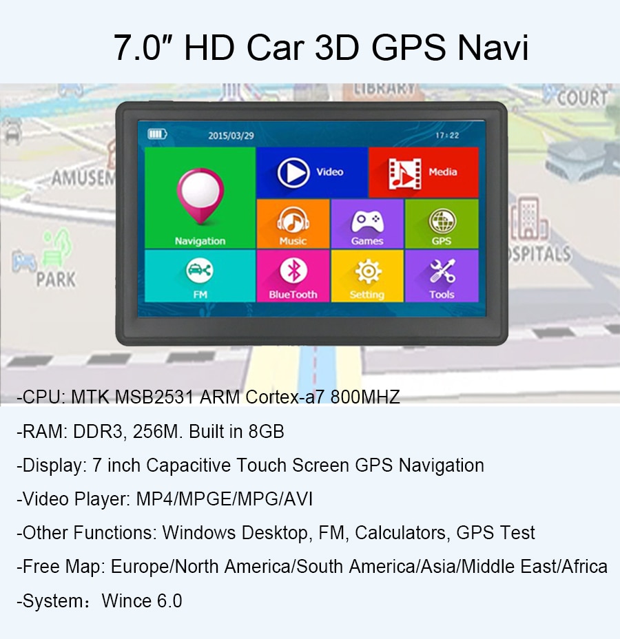 Nawigacja GPS 7 cal nawigacja samochodowa GPS MTK 800MHz Baran 256M Rom 8G HD 800*480 system nawigacji nowy i aktualną pogodę lub przeczytaj ostatnie wsparcie upuszczać Wysyłka 