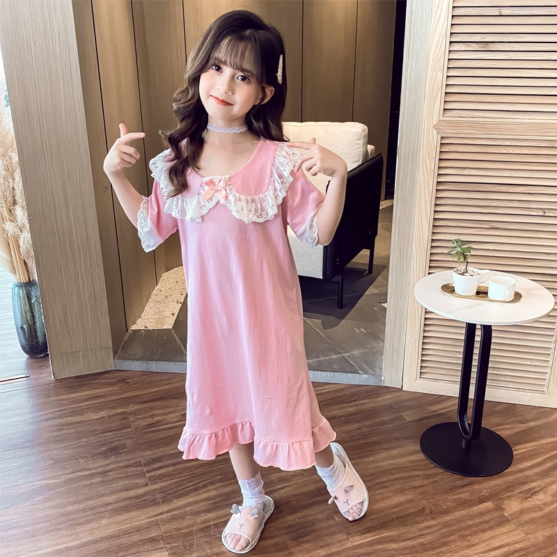 Camisón de algodón suave con lazo para niñas y niños, ropa de dormir para el hogar, albornoz de noche, Verano