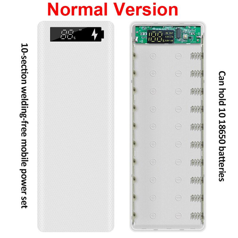Welding Free 10*18650 Battery Storage Box Dual USB Power Bank Case DIY Shell Case 18650 Battery Holder Box PD QC3.0 Quick Charge: White Normal Charge