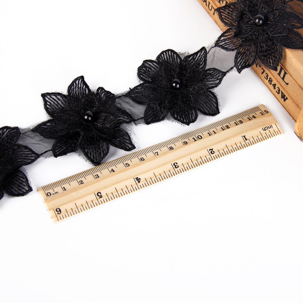 Ruban brodé perles noires avec bordure en dentelle fleur | Accessoire de couture, ruban décoratif pour mariage, 1Yc2475: 1056279010