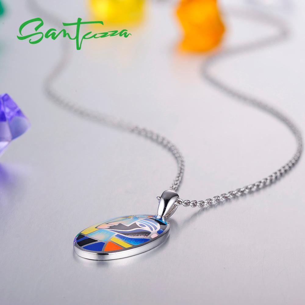SANTUZZA 100% 925 Sterling Silver Pendants For Women Oval Colorful Handmade Enamel Character Trendy Delicate Fine Jewelry