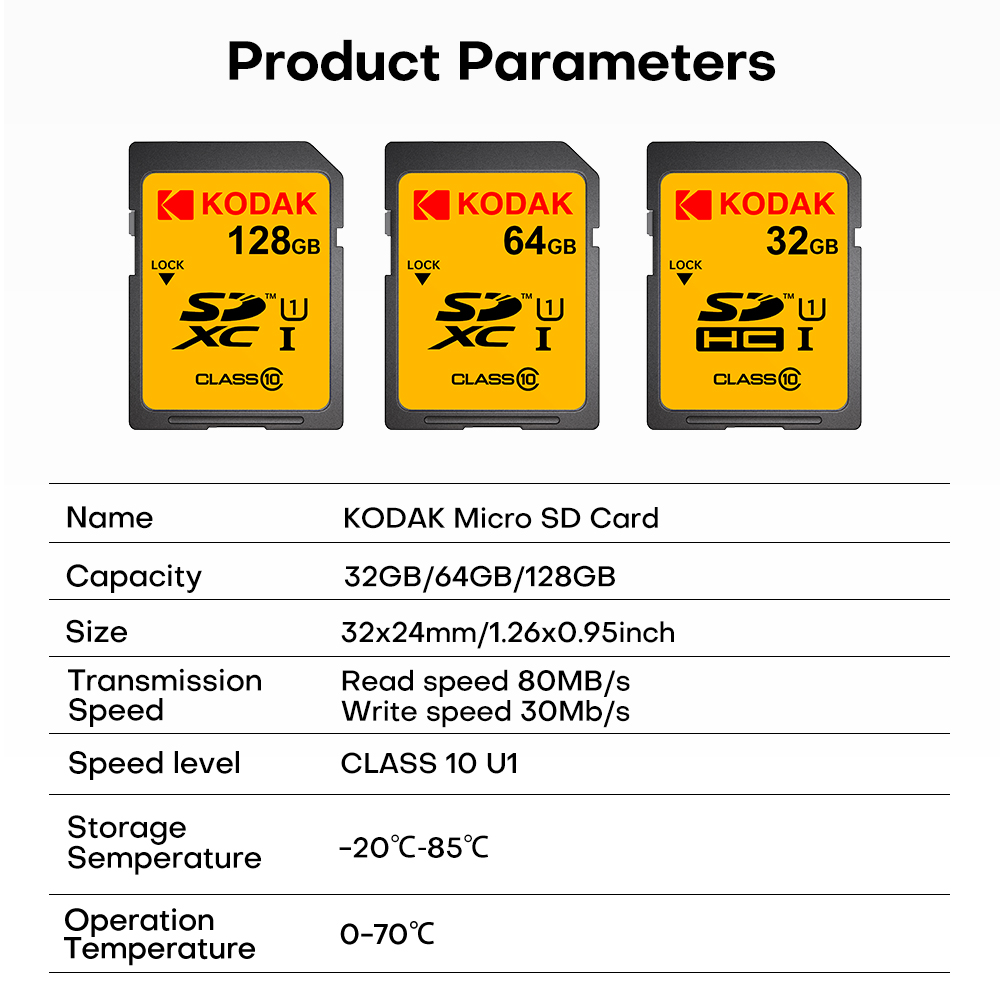 KODAK 100% Original 64GB 128GB SD Card Memory Cards Class10 256GB U1 HD SD Card Memory Card SDXC V30 Memory Cards for Camera