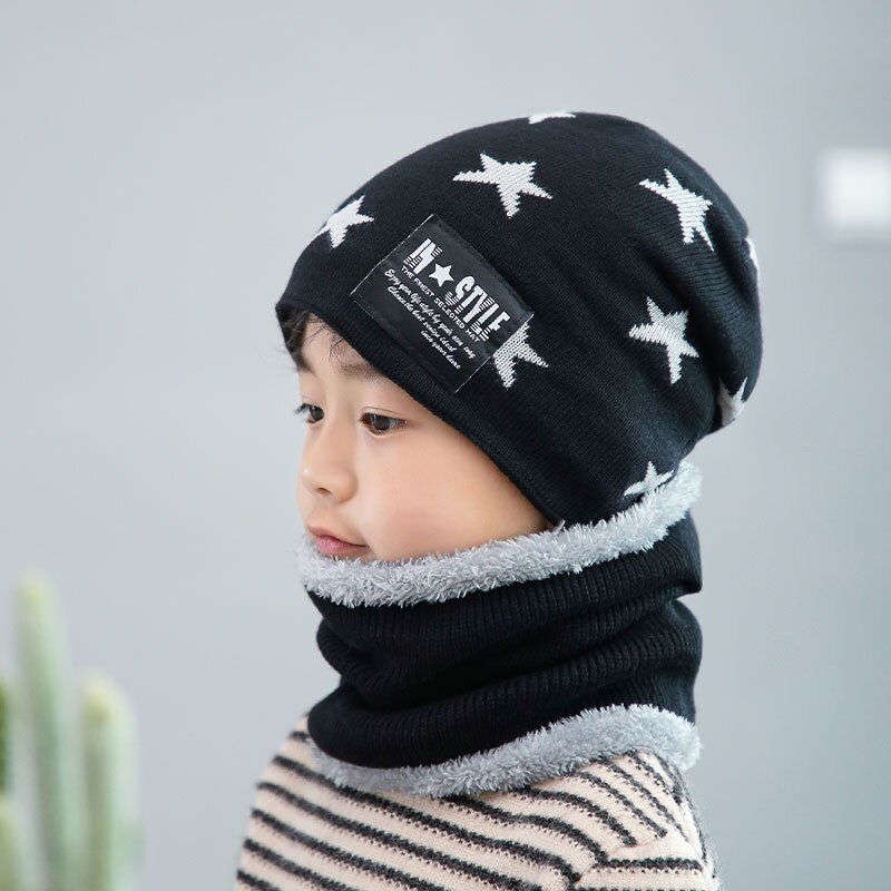 Søte barn vinter ull lue smekke dress fortykket varm strikket lue baby lue foreldre-barn dress kaldsikker plysjhette: Svart