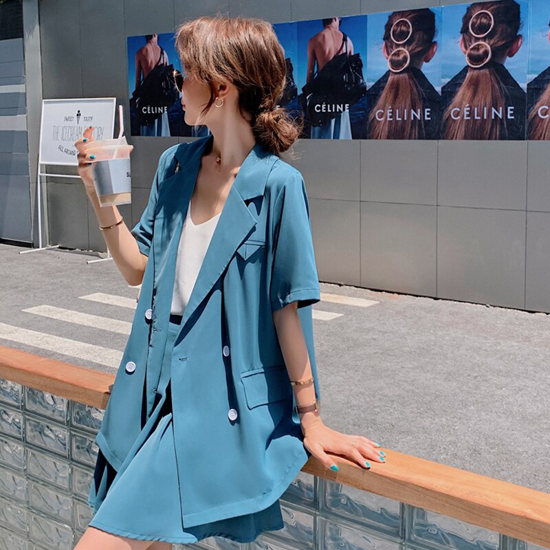 Conjuntos de dos piezas para mujer, Blazer y elegantes faldas para mujer, traje suelto de manga corta, chaqueta Mini plisada, trajes coreanos