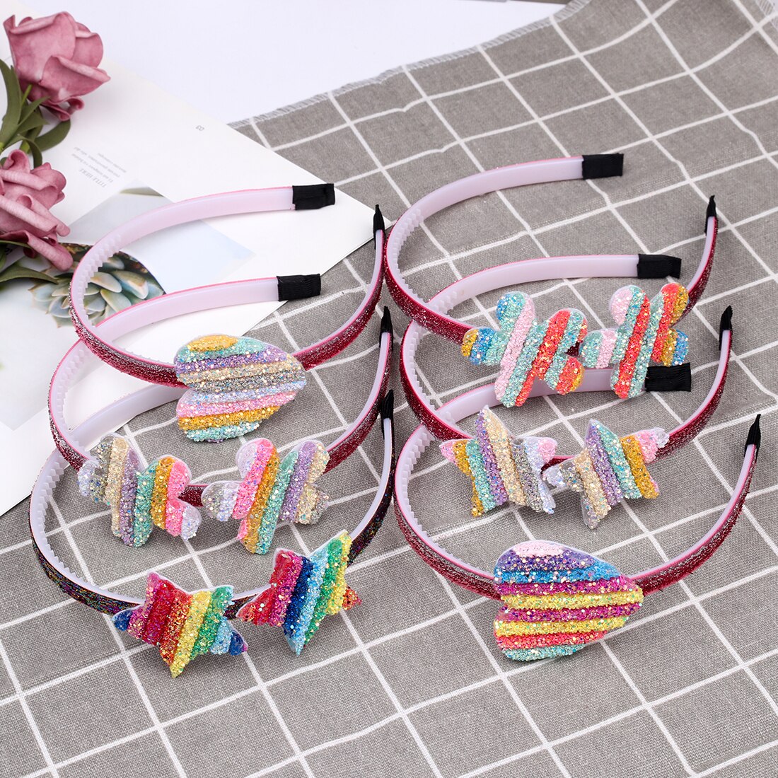 1 Pza niñas diademas de purpurina niños tierna diadema Color arcoíris flor forma de estrella y corazón brillante mujeres accesorios para el cabello