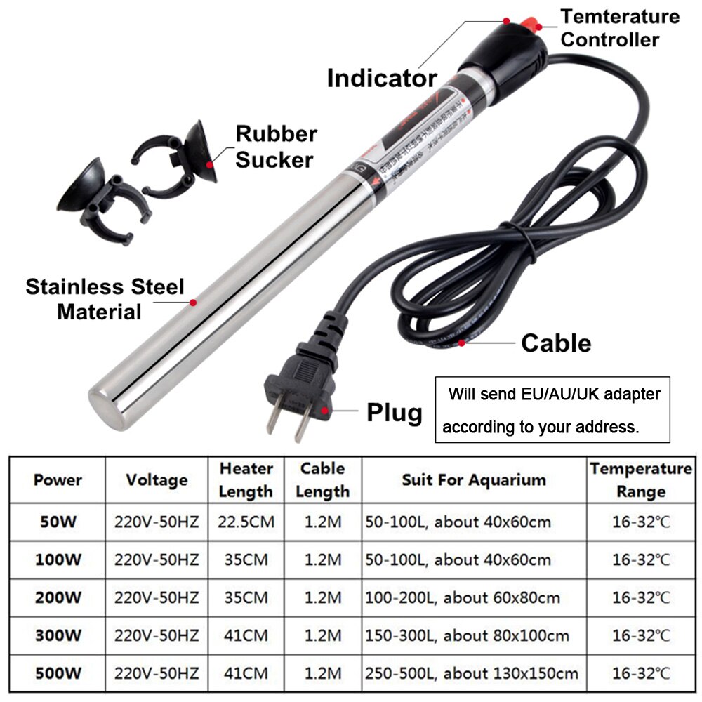 Edelstahl Aquarium Heizstab Thermostat Tauch Fish Tank Heizung Heizung Stange Einstellbare Temperatur Control 220-240V