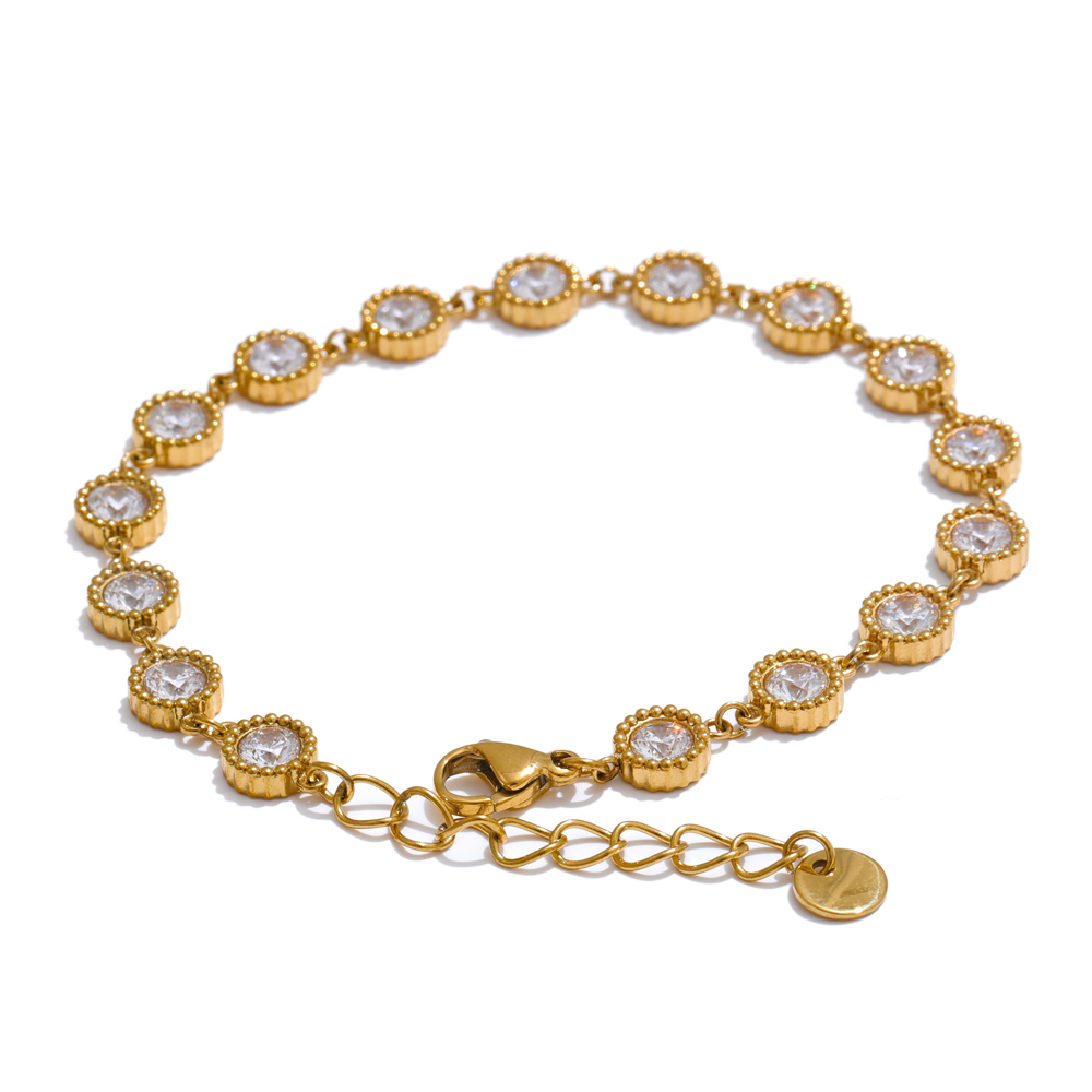 Yhpup delicate roestvrijstalen glanzende ronde ketting armband met zirkonia steentjes, armband oorbellen, temperamentvolle sieraden: Lichtgeelgouden kleur