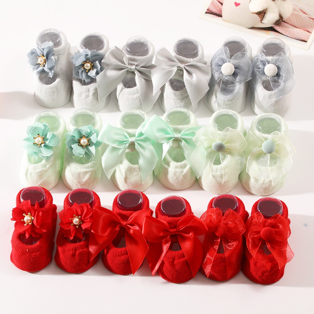 3 Paren/set 0-12Months Baby Sokken Leuke Kant Bloem Parels Crown Bows Antislip Pasgeboren Baby Meisje Sokken Katoen Prinses meisjes Sokken