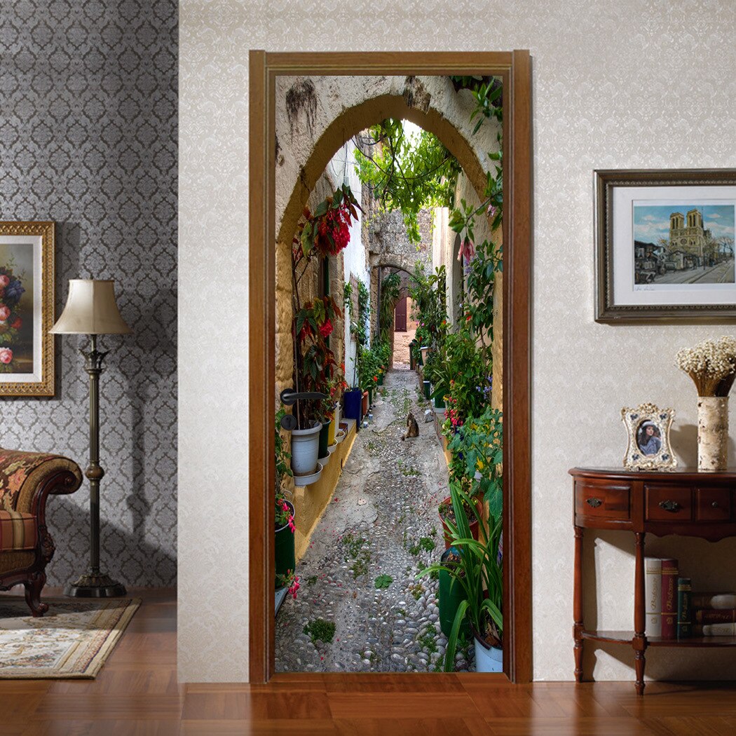 Bloem Straat Stone Road Home Decoratie Deur Stickers Woonkamer Familie Slaapkamer Deur Decals Pvc Waterdichte Stereo Vision: 77x200cm