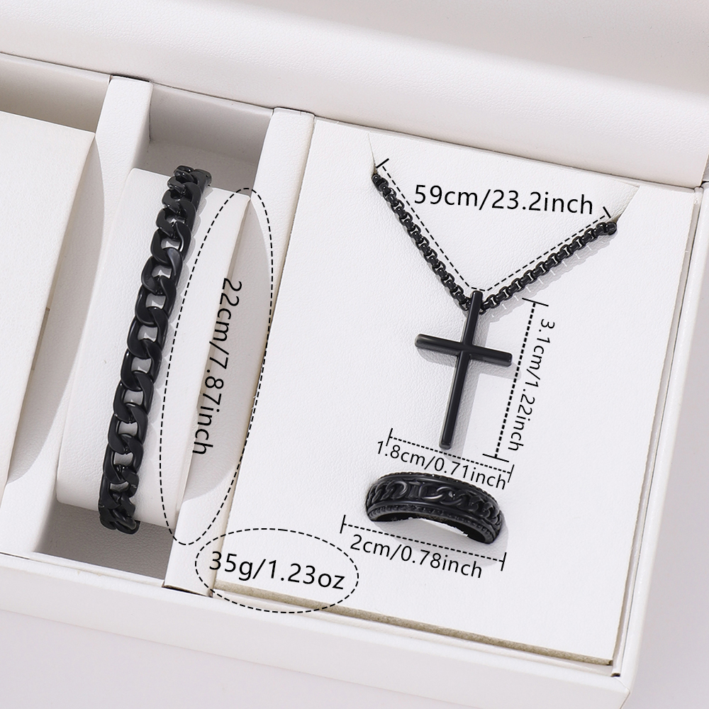 3 piezas hombres personalidad Simple negro acero inoxidable no se decolora Cruz collar anillo pulsera conjunto Accesorios