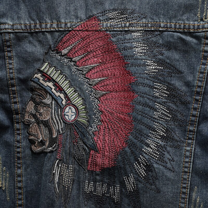 Prowow Streetwear Men Jacket Retro Blue Indian Chief Embroidery Denim Jackets Men Size M-6XL Hip Hop Punk Coats