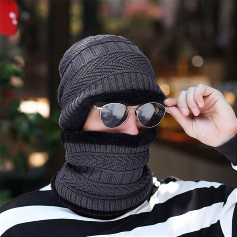 2 stk menn kvinner vinter varm heklet strikk posete lue ull hodeskalle hatt ski lokk skjerf sett: Mørk grå