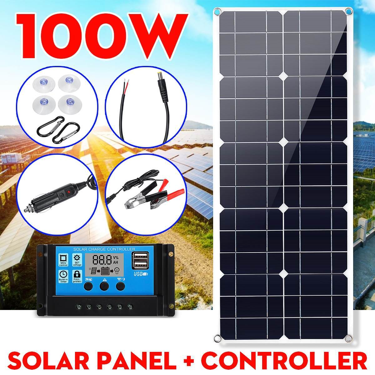 100W 12V 5V Solar Panel Charger Solar Batterij 10A Controller Monokristallijn Alligator Clip Usb Auto Outdoor Lood zuur Batterij