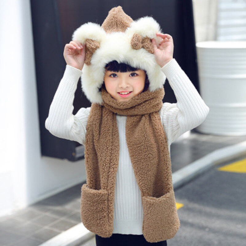Foux Bomber Hats Women Kids Parent Child Winter Bear Ears Russian Cap Scarf Neck Gloves Snow Warm Baby Boy Girl Ushanka Trooper: Kid DKhaki