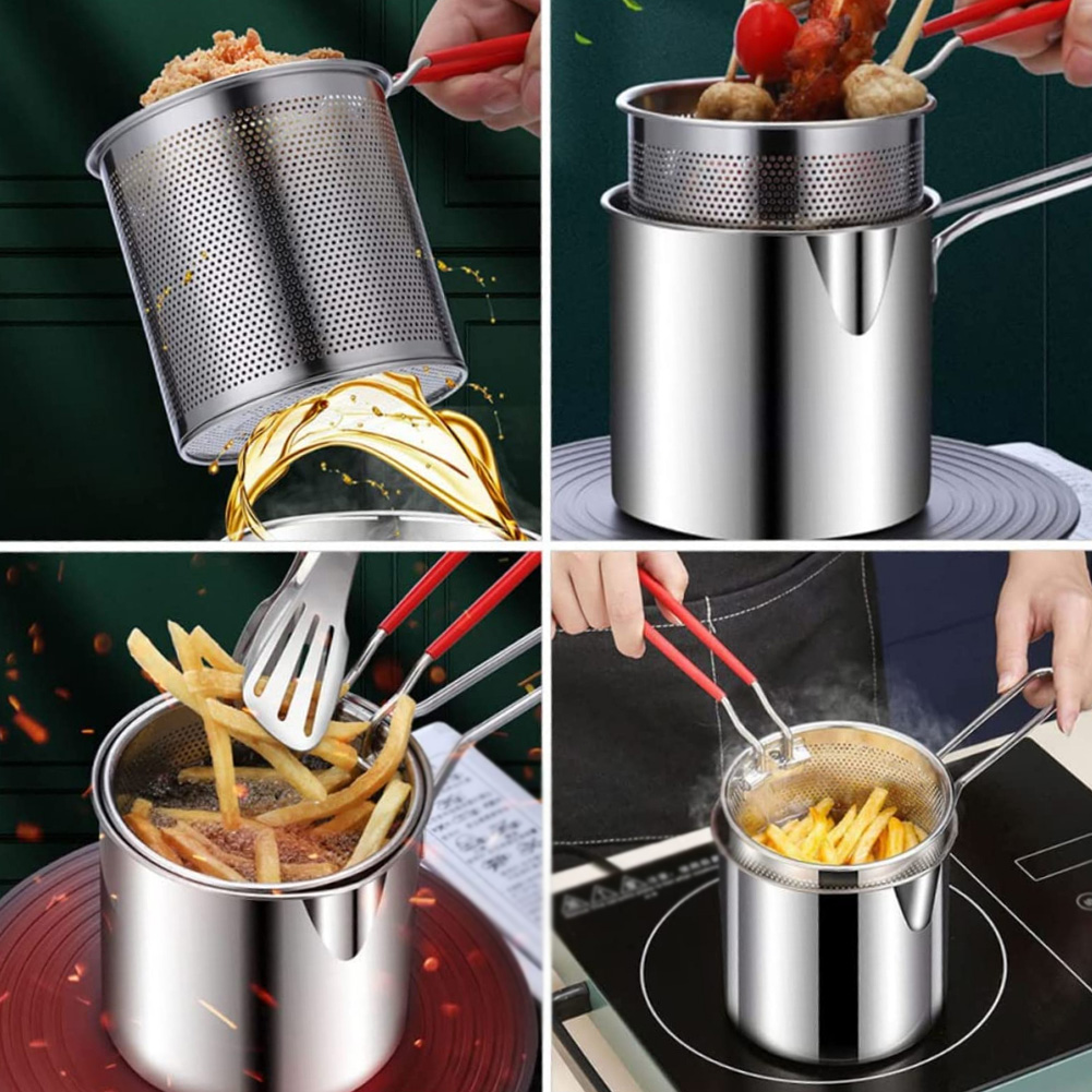 Poêle à frire profonde en acier inoxydable avec panier à passoire, marmite multifonctionnelle, friteuse à tempura, outils de cuisson frits jetables