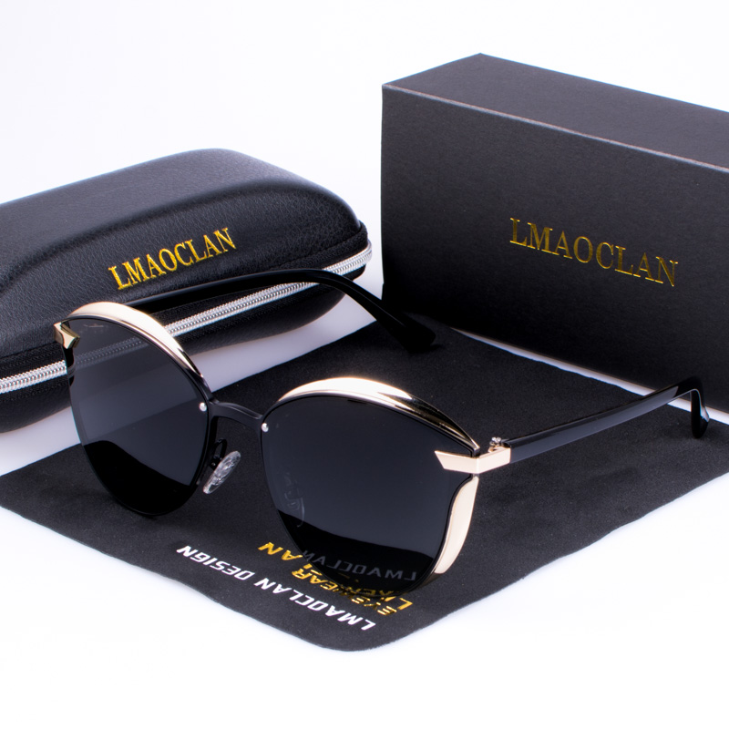 Lmaoclan kvinder polariserede solbriller luksus cat eye damer vintage mærke kvindelige solbriller oculos gafas: Sort