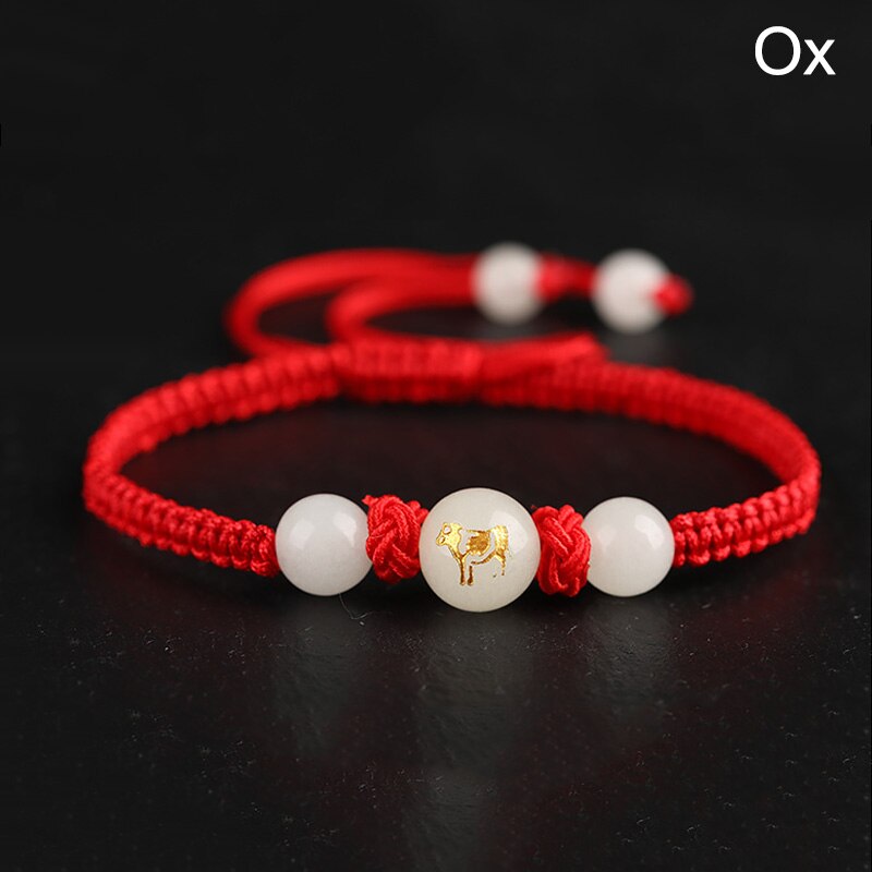 Chinese Stijl 12 Dierenriem Dieren Armband Unisex Handgemaakte Gevlochten Rode Draad Lucky Lichtgevende Steen Verstelbare Armband Paar: Ox