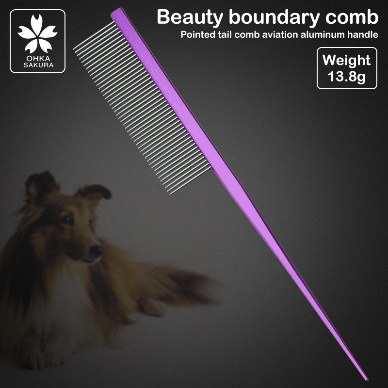 Peine de belleza para perros, peine de aluminio con forma de perro, gato de peluche, esteticista, recoger pelo largo, punta de Mascota, peine de cola para perro, púrpura