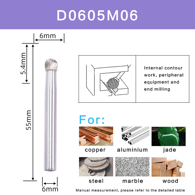 D Type Single-cut Tungsten Carbide Alloy Rotary File Tool Point Burr Die Grinder Abrasive Tool Drill Milling Carving Bit Set: D0605M06