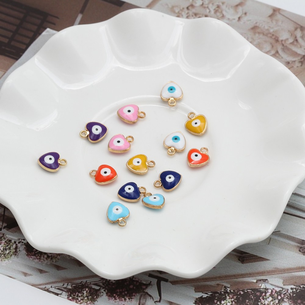 Amuleto de ojo de la suerte para fabricación de joyas, colgante de corazón, gota de doble cara, aleación de aceite, colorido, mal de ojo, accesorios de pulsera, 20 piezas por lote