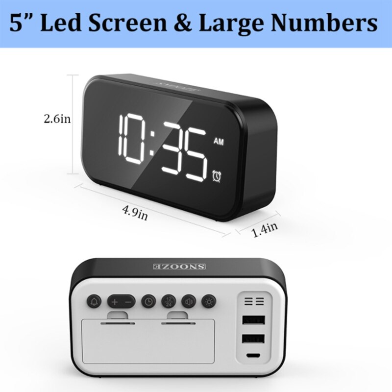 Simple Style 5 Inch Full LED Mirror Sn Digital Alarm Clock Black and White Clocks USB Charging Cable
