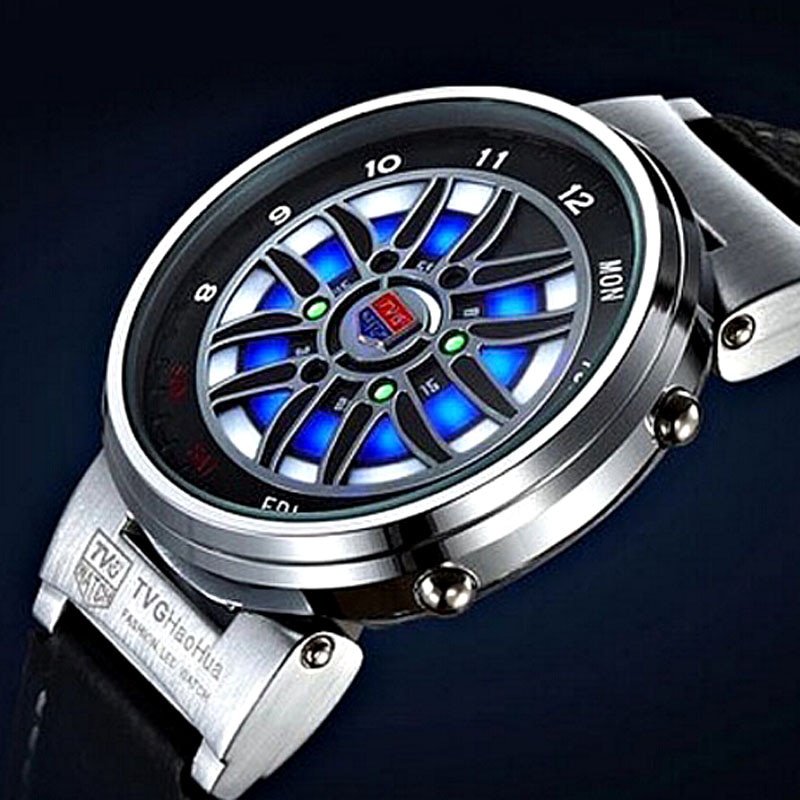 Tvg unieke auto roulette velg horloges heren blauwe led binaire horloges leren band elektronische polshorloges heren sporthorloges