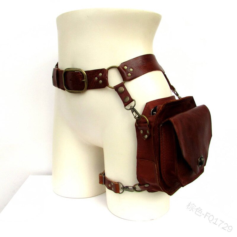 Unisex medieval Leather Rivet Leg Bag Steampunk Retro Rock Waist Belt Bag Crossbody Waist Bags Phone Pouch: Auburn