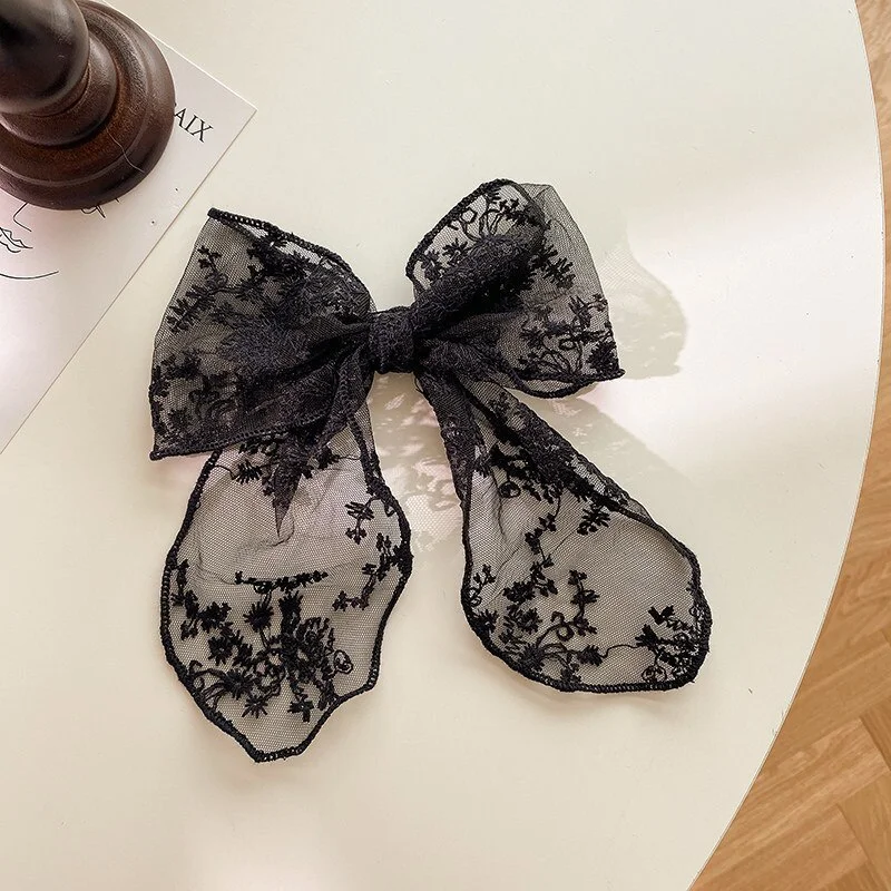 Horquillas con lazo de perlas de encaje para niña, pinzas para el pelo con lazo, pasadores de encaje blanco y negro, accesorios para el cabello para mujer, 2023: XXS / Negro